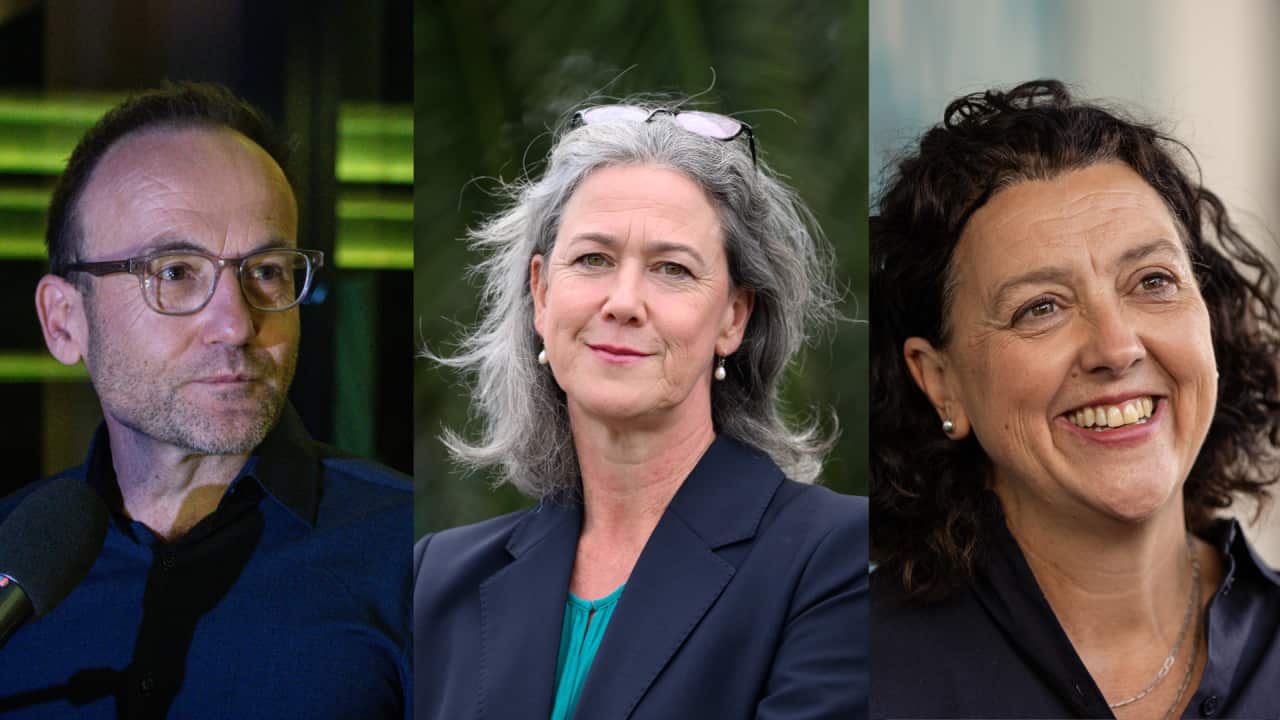 A composite image of three people: a man and two women