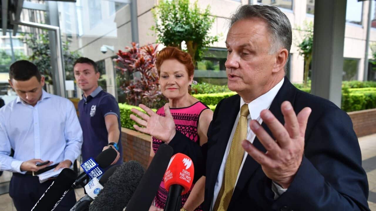 One Nation party leader Pauline Hanson (left) and One Nation candidate and state leader for NSW Mark Latham speak to the media in Sydney, Wednesday, November 7.