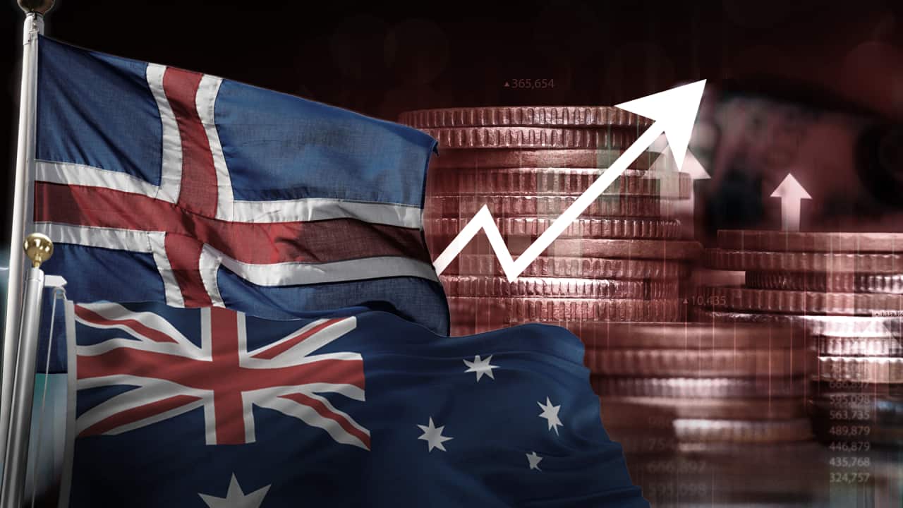 SBS designed graphic of the Australian and Icelandic flags and money rates rising