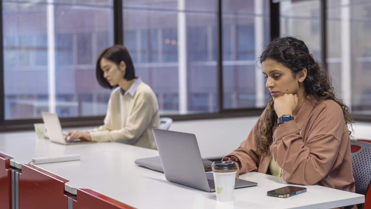Female university students working on laptop computers