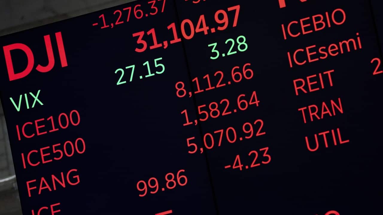 A screen at the New York Stock exchange shows the stock market falling the most since June 2020