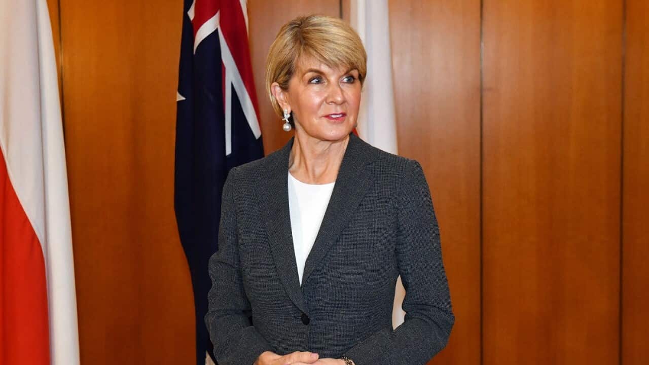 Australia's Minister for Foreign Affairs Julie Bishop waits to meet with Poland's President Andrzej Duda at Parliament House in Canberra, Monday, August 20, 2018. (AAP Image/Mick Tsikas) NO ARCHIVING