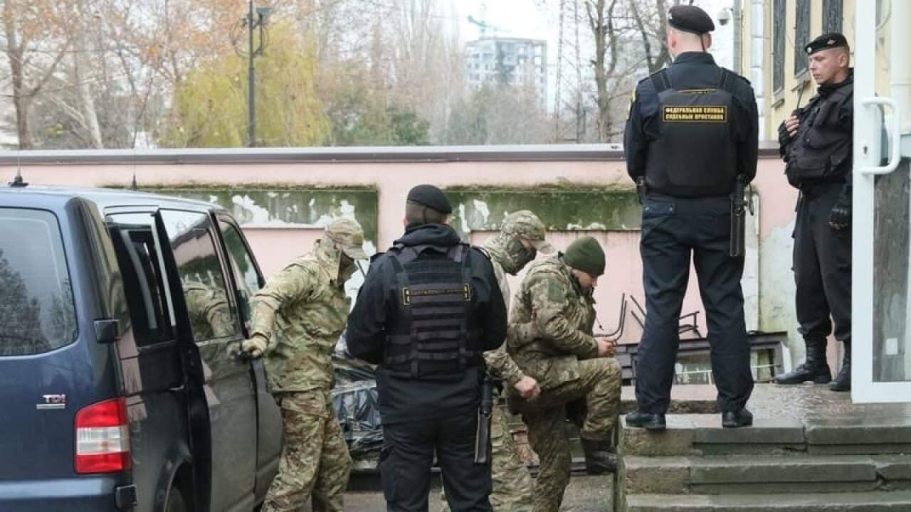 Captured Ukrainian navy sailors are conveyed to Kiev district court of Simferopol, Crimea.