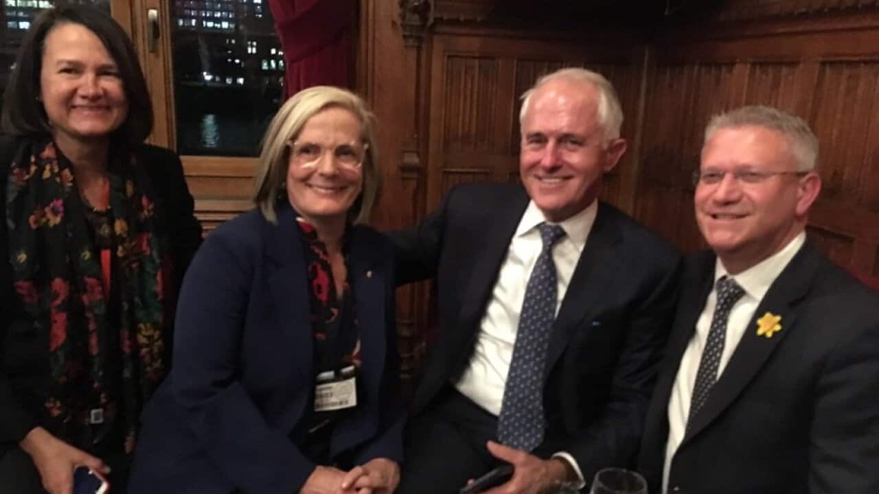 Malcolm and Lucy Turnbull meet with Sydney-born MP Catherine West and co-chair of the UK's Australia and NZ Parliamentary friendship group Andrew Rosindell. 