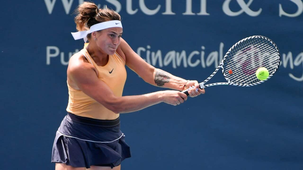 Aryna Sabalenka (BLR) loses to Maria Sakkari (GRE) 6-7, 6-4, at the Western & Southern Open being played at Lindner Family Tennis Center in Mason, Ohio. ©Leslie Billman/Tennisclix/(Photo by Leslie Billman/CSM/Sipa USA).