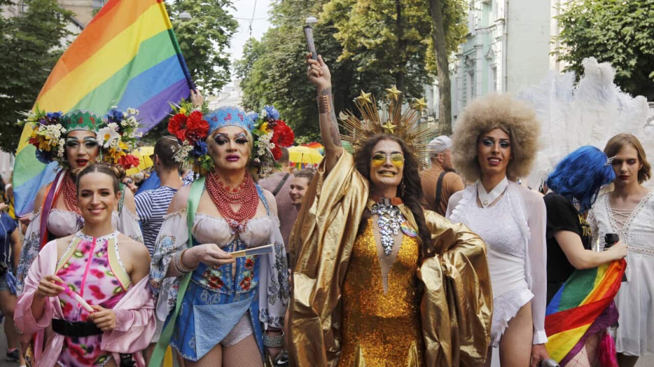 Participants march on the streets during a Gay pride parade or March of Equality in down town Kiev