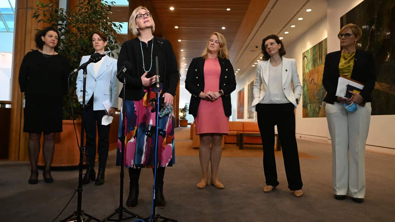Independent members stand at microphones at a Parliament House press conference in Canberra (AAP).jpg