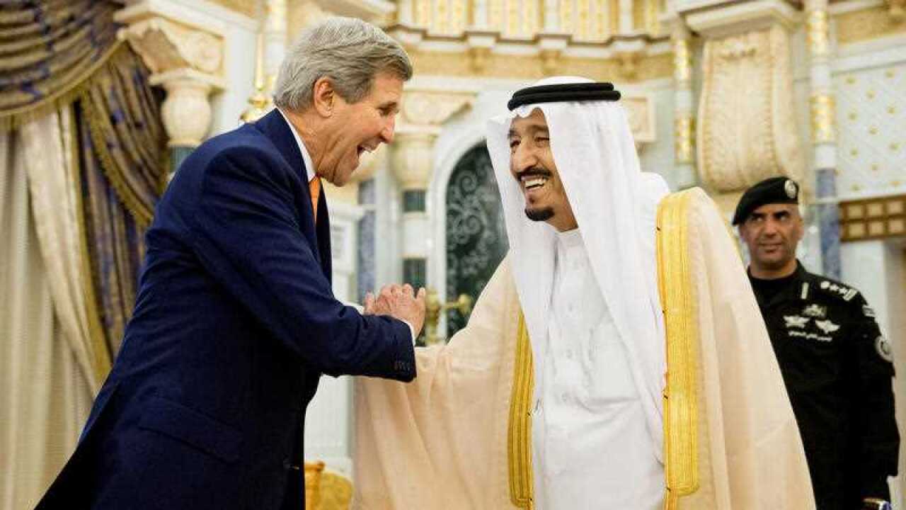 US Secretary of State John Kerry, left, shakes hands with Saudi Arabia's King Salman at the Royal Court, in Riyadh, Saudi Arabia, Thursday, May 7, 2015. (AAP)
