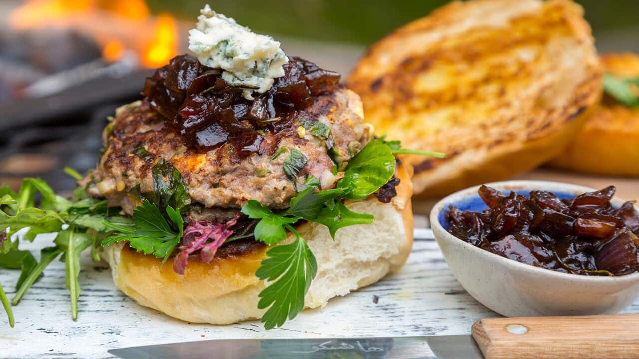 Ostrich burger with sticky red onion and gorgonzola