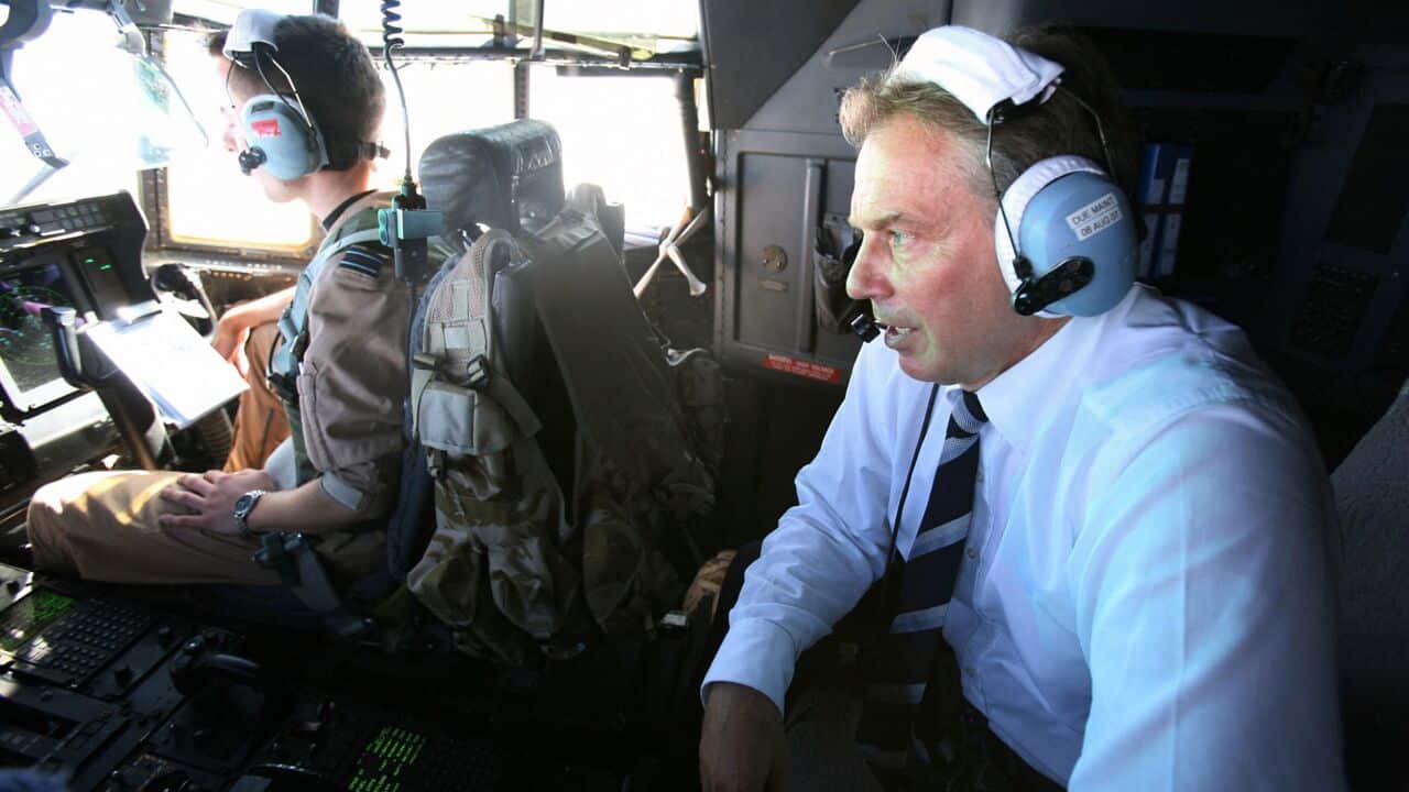 Previously unreleased photo of Prime Minister Tony Blair travels in the cockpit of a C130 Hercules during the journey from Baghdad to Basra in Iraq from 2007