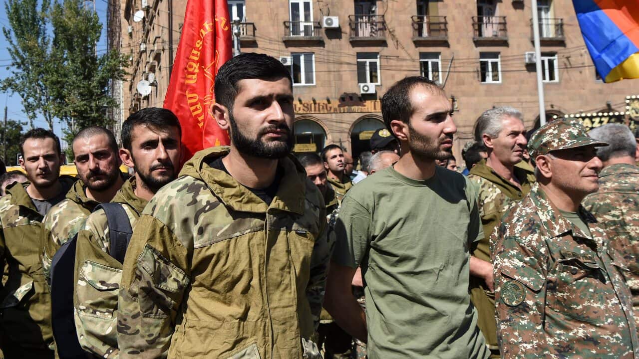 Volunteers of the Armenian Revolutionary Federation gather to leave for Nagorny-Karabah in Yerevan, Armenia, 27 September 2020.