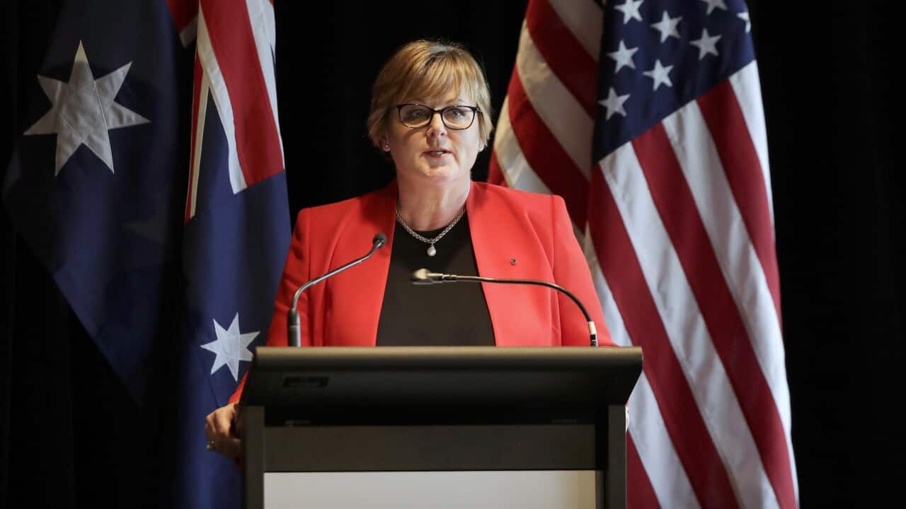 Australian Defense Minister Linda Reynolds briefs the media at a press conference following annual bilateral talks with U.S. counterparts in Sydney, Australia, Sunday, Aug. 4, 2019. (AP Photo/Rick Rycroft)