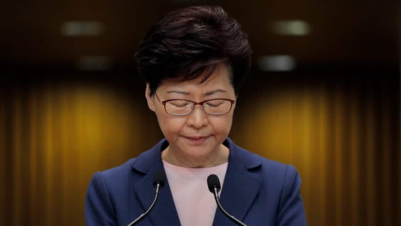 Hong Kong Chief Executive Carrie Lam pauses during a press conference in Hong Kong, Tuesday, July 9, 2019.