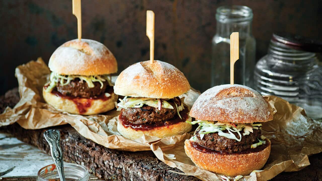 Kangaroo burgers with apple and fennel slaw