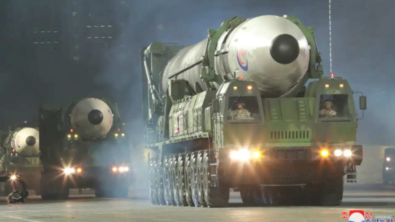 This photo provided by the North Korean government shows what it says is a newly built intercontinental ballistic missile, the Hwasong-17, during a military parade to mark the 90th anniversary of North Korea's army.