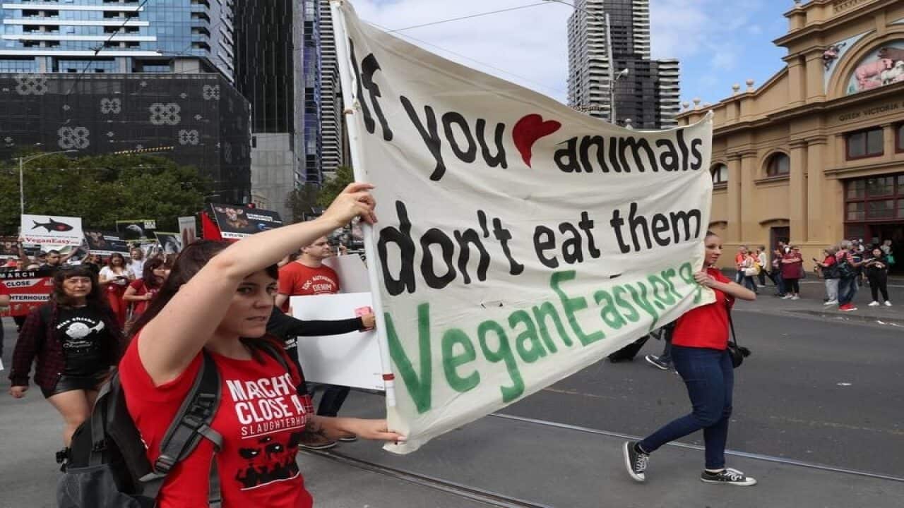 Animal rights protesters gather during a march in Melbourne.