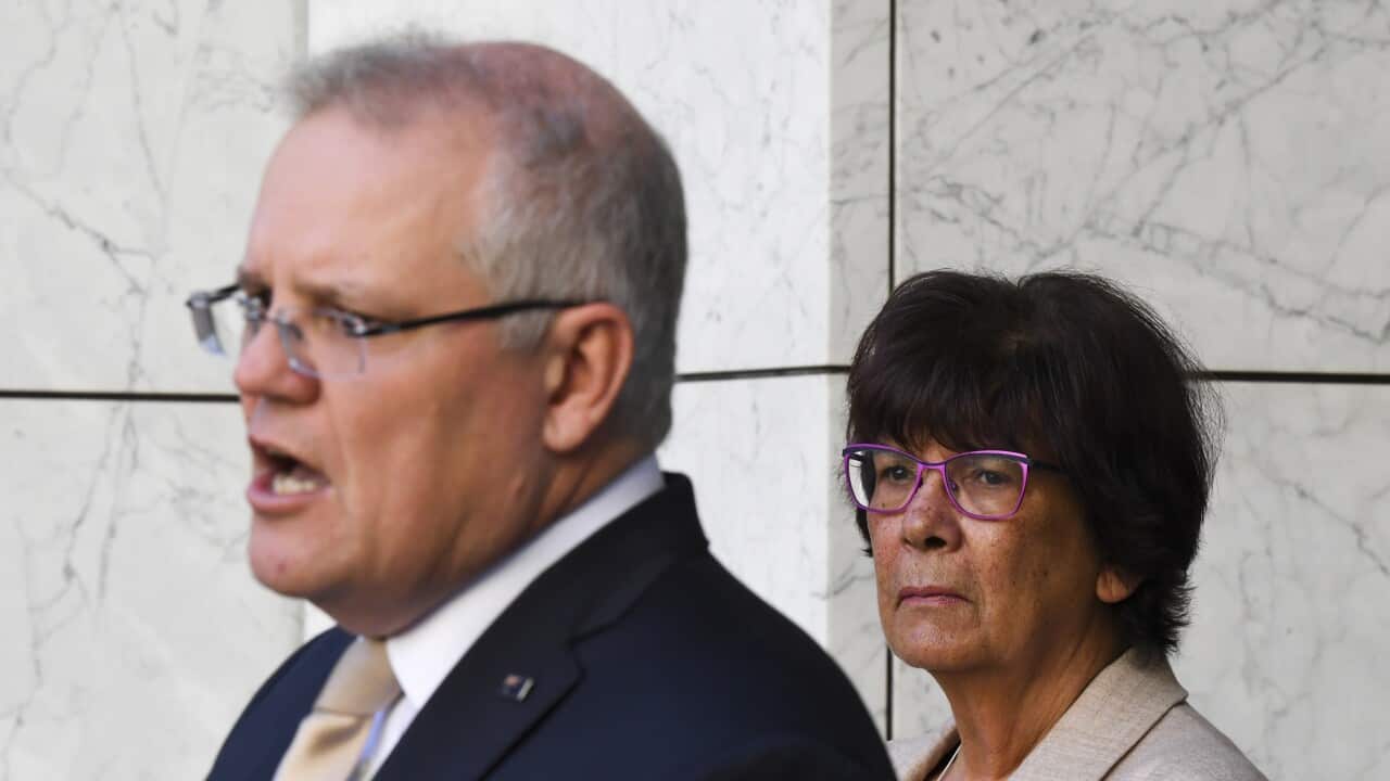 Advisor on the design of the Indigenous voice to government Pat Turner (R) and Prime Minister Scott Morrison (L) at Parliament House in Canberra