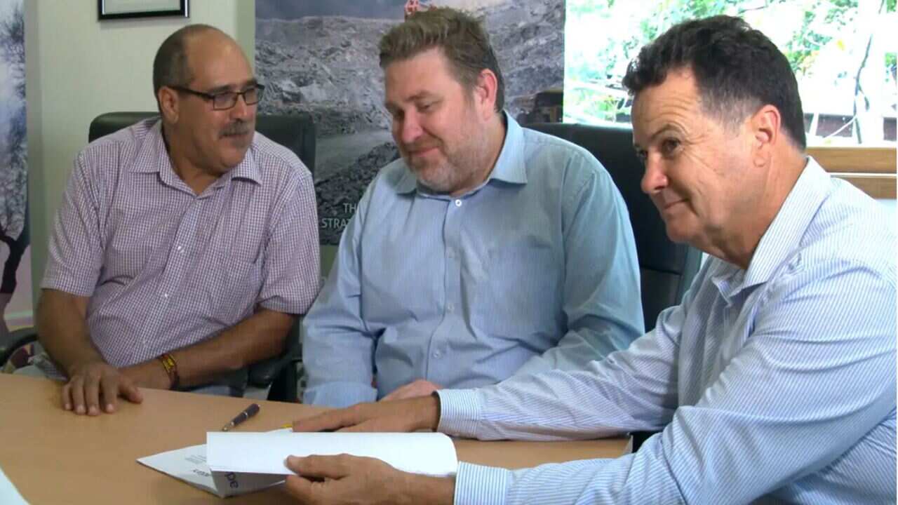 Tony Johnson, Woongal Environmental Services chair and Gooreng Gooreng descendant of the Port Curtis Coral Coast Nation, Lucas Dow Adani Mining CEO and Bill Haylock, Ardent Group Director.