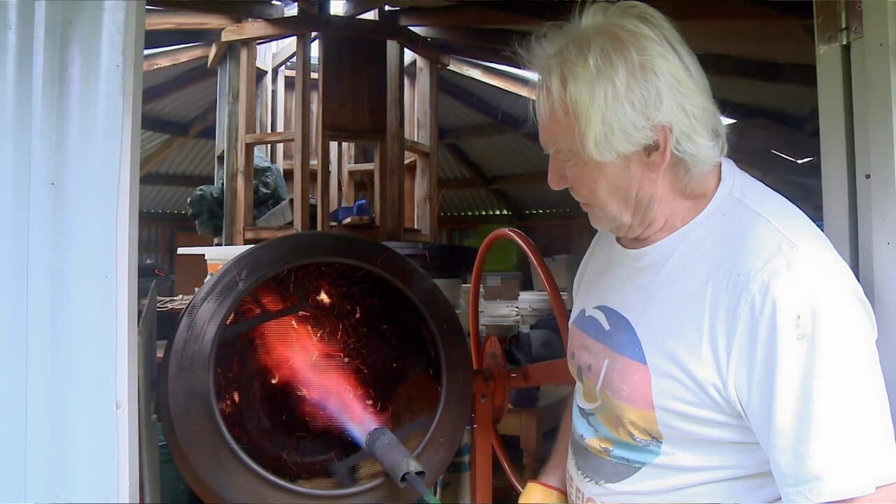 Roasting the beans, flamethrower style (SBS).jpg