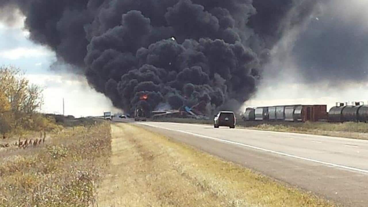 Oil tanker explodes after major train derailment near Wadena, Saskatchewan, Canada. (Twitter: @secret123ind)