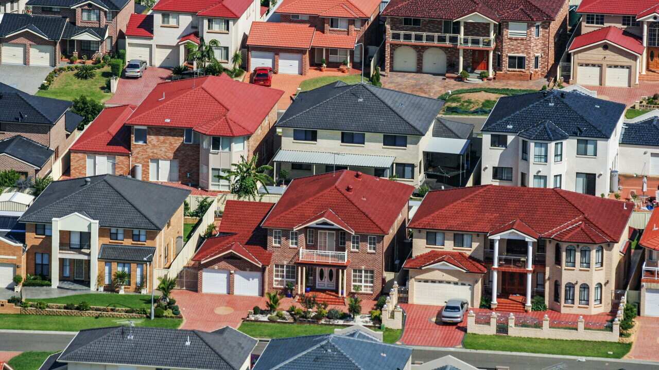 Colourful houses in suburb, suburban streets, urban sprawl, city life in Sydney, Australia, aerial photography