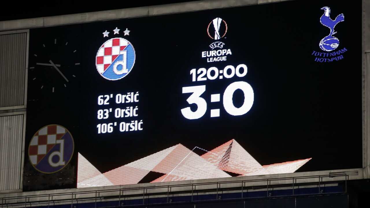 ZAGREB, CROATIA - MARCH 18: The scoreboard at the end of the UEFA Europa League Round of 16 Second Leg match between Dinamo Zagreb and Tottenham Hotspur at Stadium Maksimir on March 18, 2021 in Zagreb, Croatia. Sporting stadiums around Europe remain under