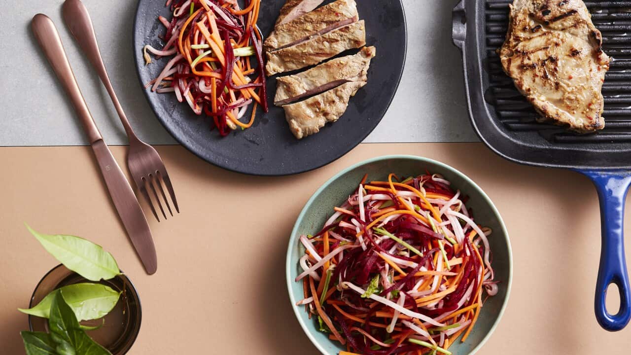 Fragrant charred pork chop & pickled rainbow carrot slaw