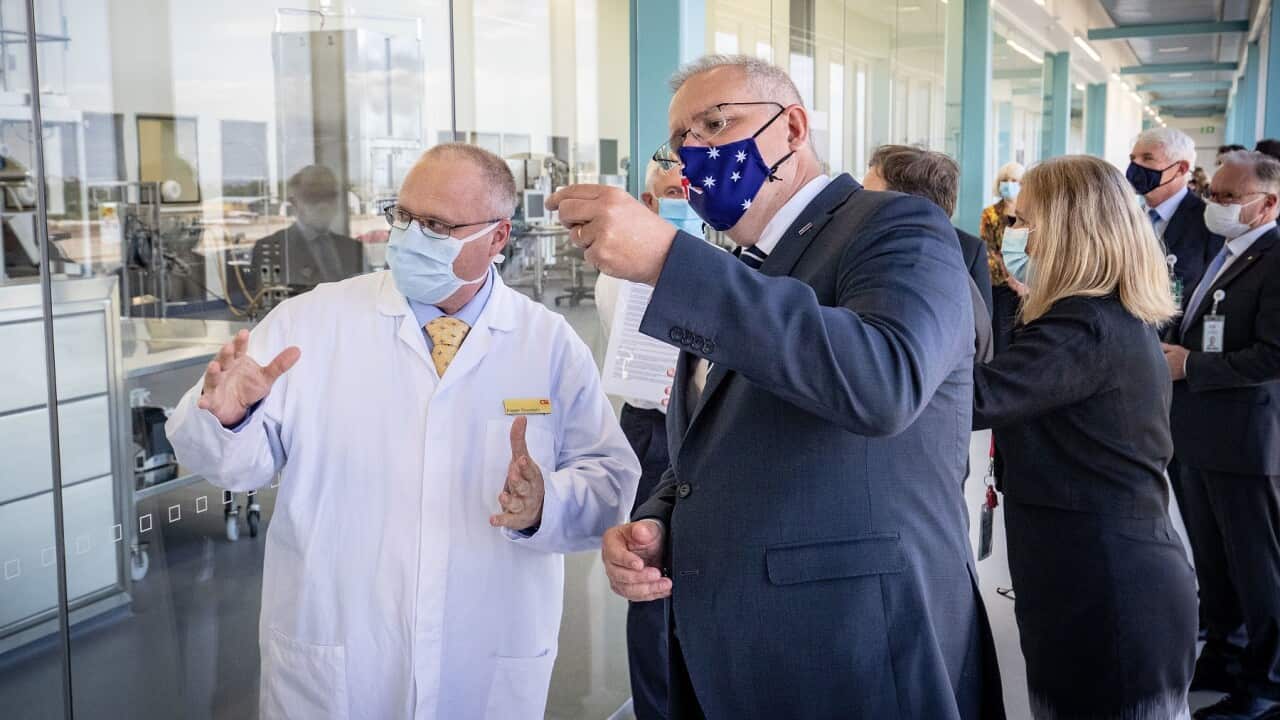 Prime Minister Scott Morrison is shown the CSL Lab where a COVID-19 Vaccine is being produced, Melbourne