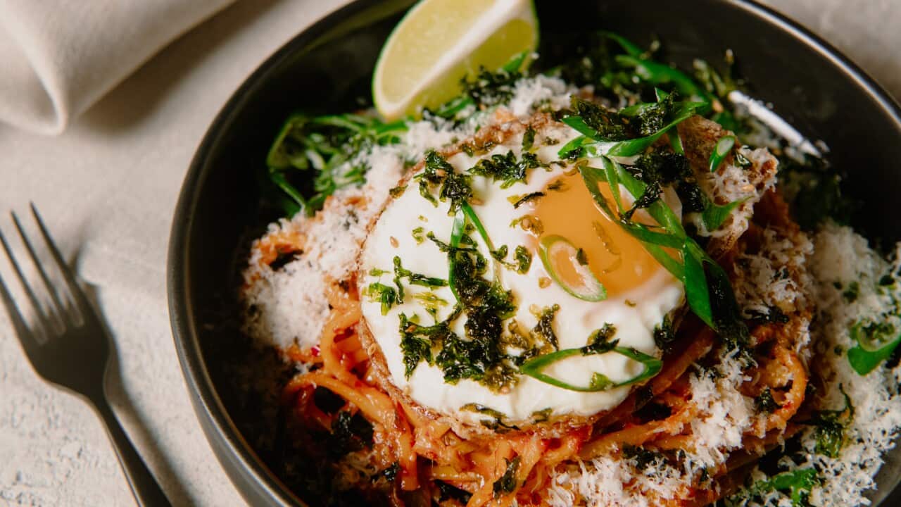 Cheesy kimchi linguini with gochujang butter
