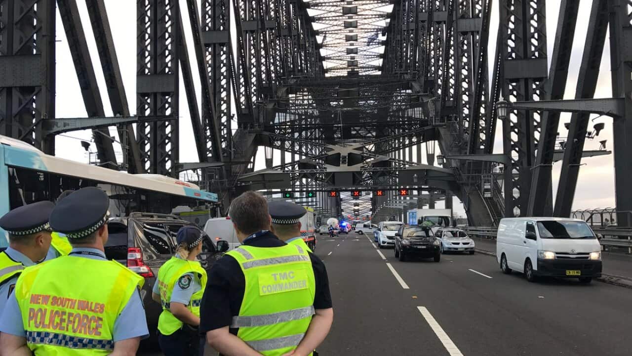 Two lanes closed on the Sydney Harbour Bridge.