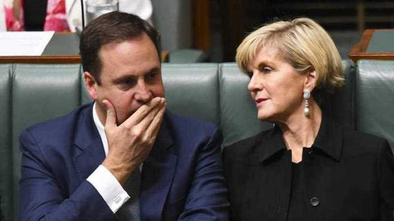 Trade Minister Steven Ciobo speaks to Foreign Minister Julie Bishop during Question Time