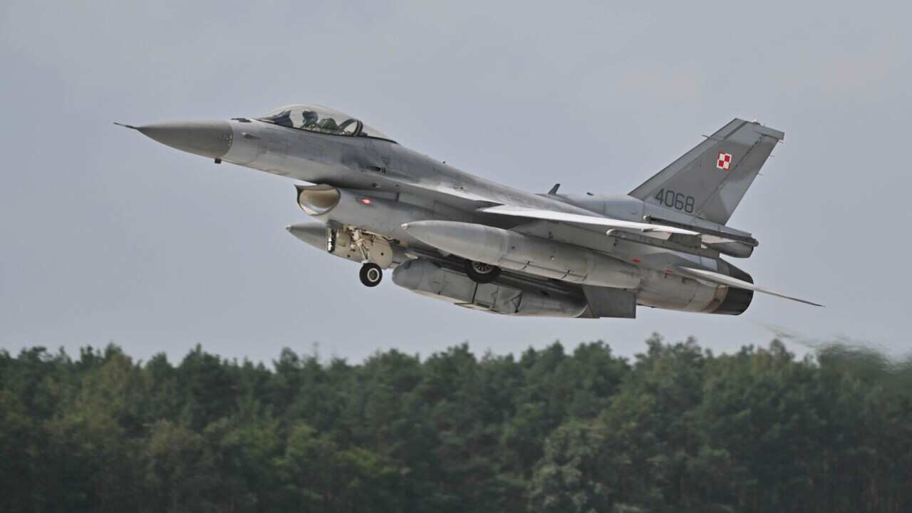 A Polish Air Force's F-16 jet during take-off