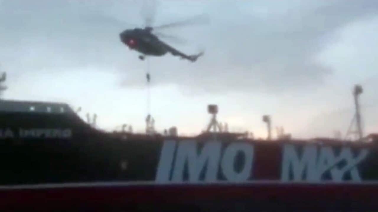 Iran's Revolutionary Guard Corps boarding the British-flagged tanker Stena Impero in the Strait of Hormuz, Iran on 19 July 2019.  