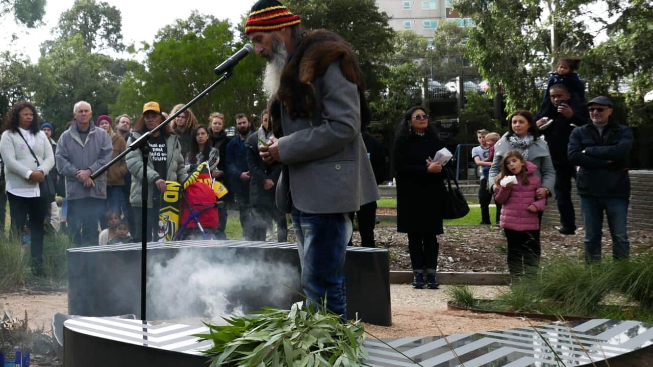 Aboriginal Elder, Colin Hunter performs a smoking ceremony at a Sorry Day event in Melbourne, 2019.