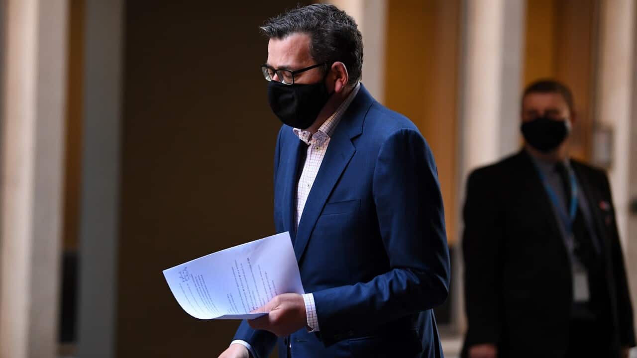 Victorian Premier Daniel Andrews arrives to a press conference in Melbourne, Monday, August 10, 2020. Victoria has recorded 322 new cases and 19 deaths. (AAP Image/James Ross) NO ARCHIVING