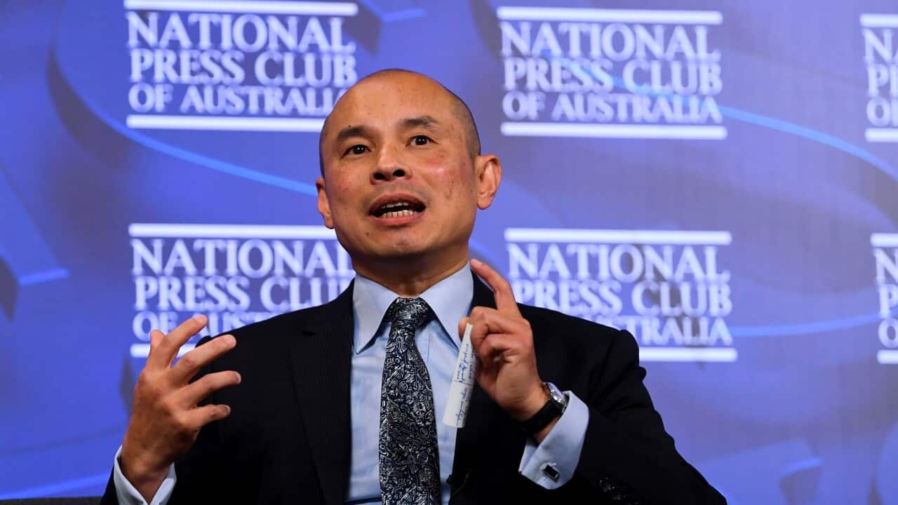 Deputy Head of Mission of the Chinese Embassy in Australia Wang Xining attends the launch of the new China Story Yearbook 2020: Crisis, at the National Press Club in Canberra, Wednesday, April 21, 2021. (AAP Image/Lukas Coch) NO ARCHIVING