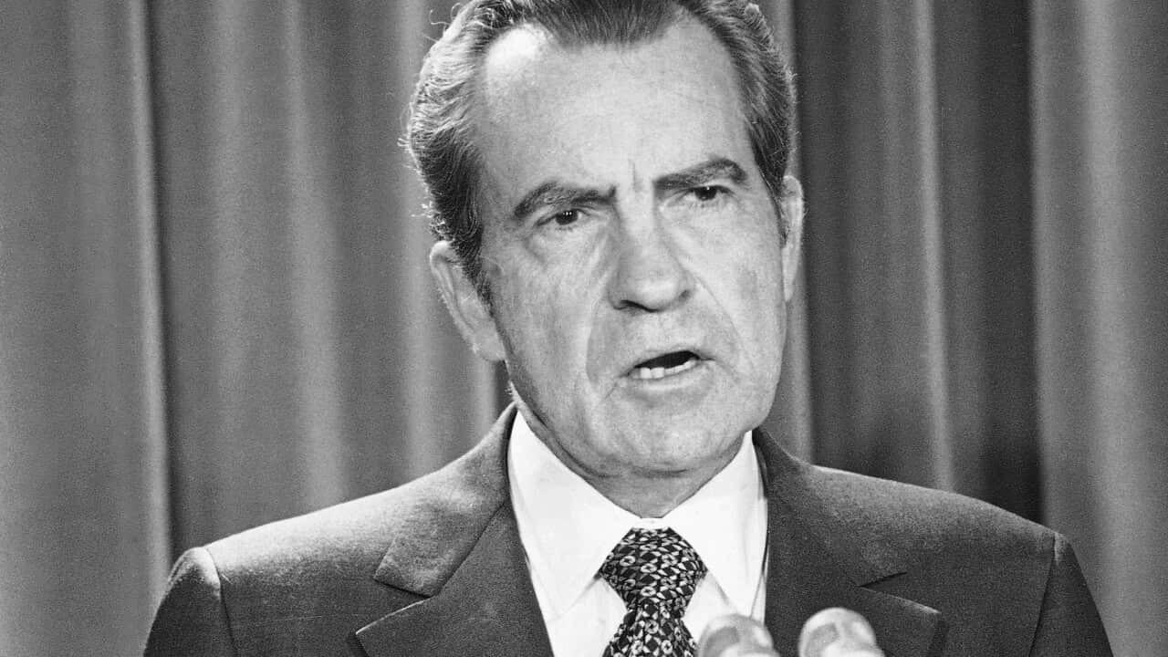 President Richard Nixon talks at a White House news briefing in Washington.