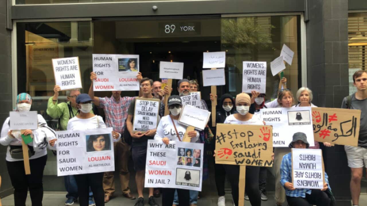 A group of Saudi women protesting outside the Saudi Consulate in Sydney