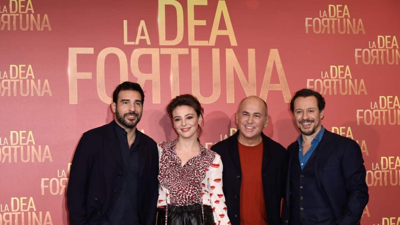 Gli attori Edoardo Leo, Jasmine Trinca, Stefano Accorsi assieme al regista Ferzan Ozpetek alla presentazione de "La Dea Fortuna" a Roma il 17 dicembre 2019.