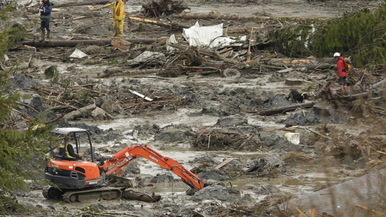 Search work continues in the mud and debris at the site of landslide