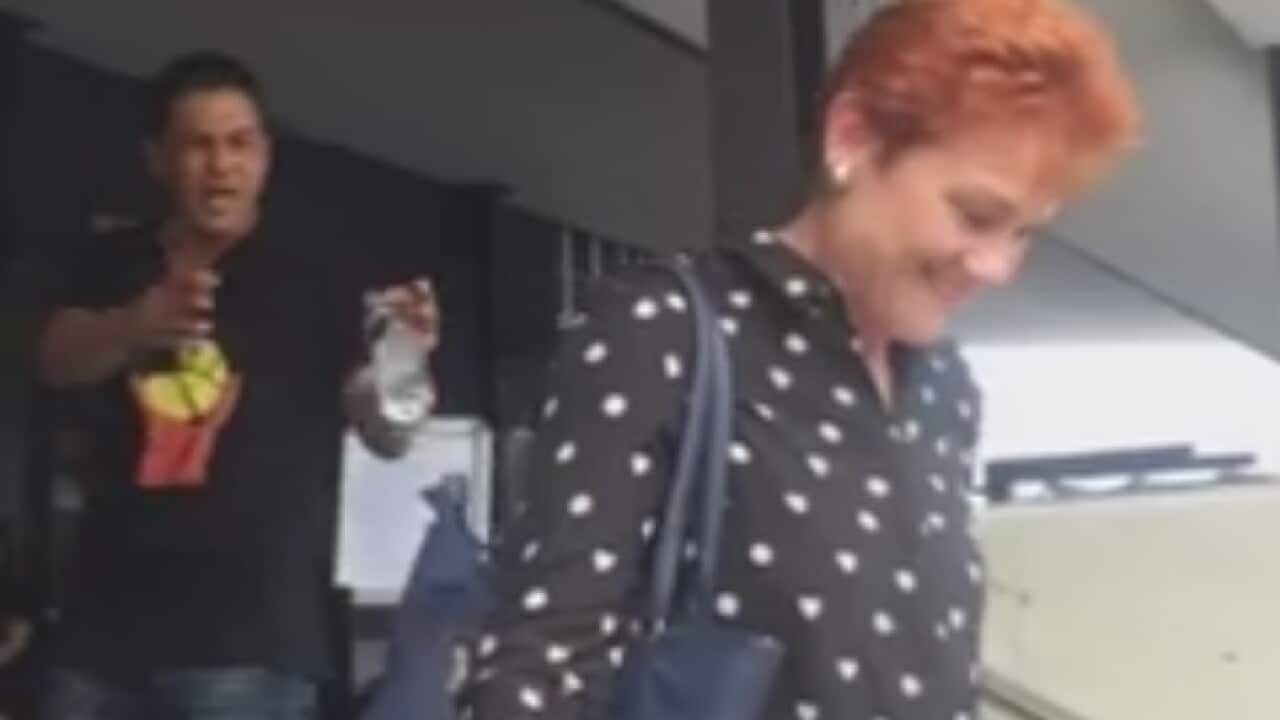 Image from the video showing Hanson being lambasted by the Indigenous leader