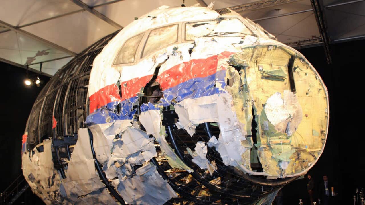 Reconstructed in 2015, the front of the Malaysia Airlines plane that was downed by a missile over Ukraine, killing 298 people