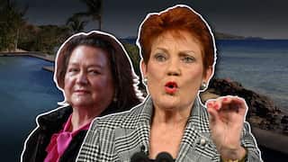 A graphic of a luxury beach with still photographs of Gina Rinehart and Pauline Hanson on top.