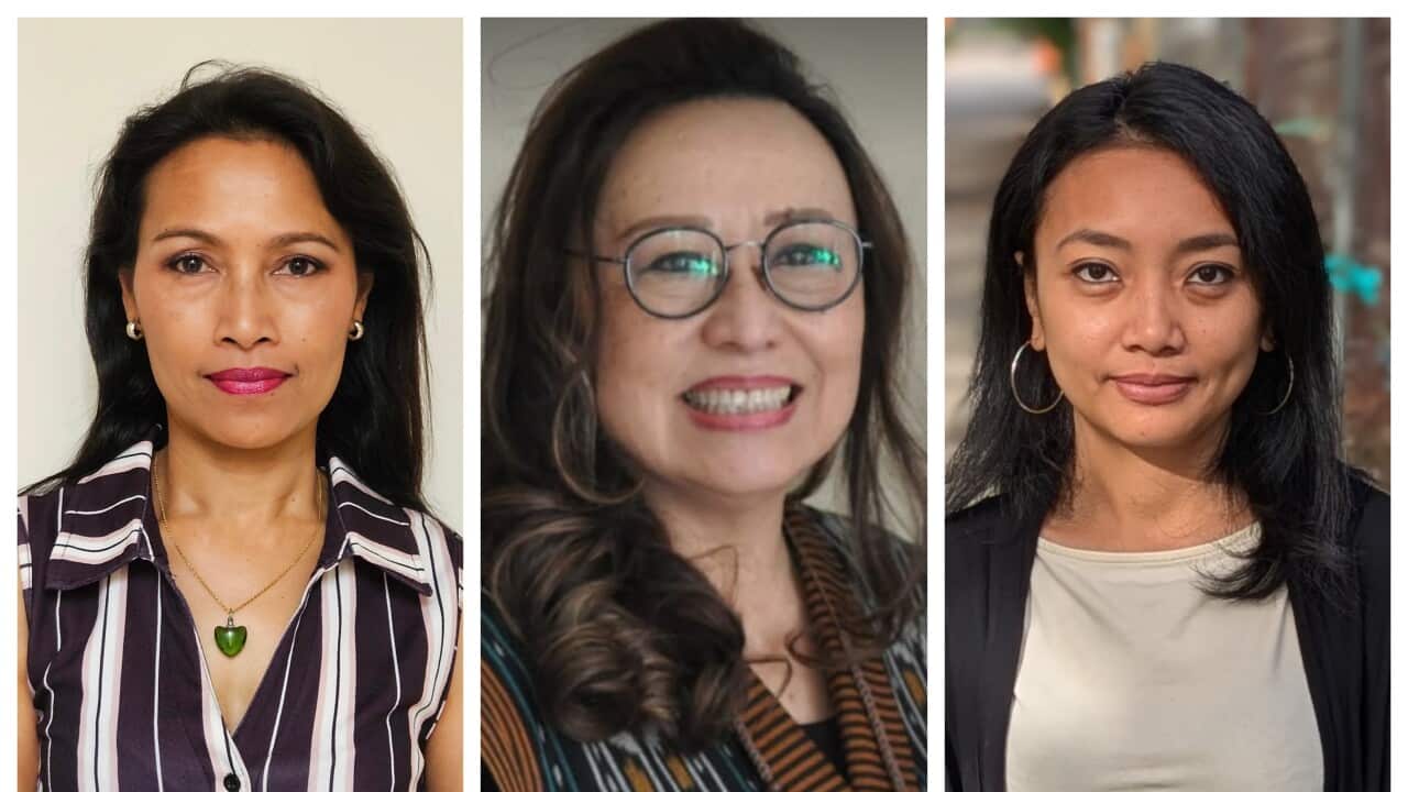 From left to right: Thia Taylor, Presiden KICA Gold Coast, 2025. (Private Collection); Iin West from Batik Centre Melbourne, 2025. (Private Collection); Anne Parisiane, SBS Indonesia contributor, 2025. (Private Collection).