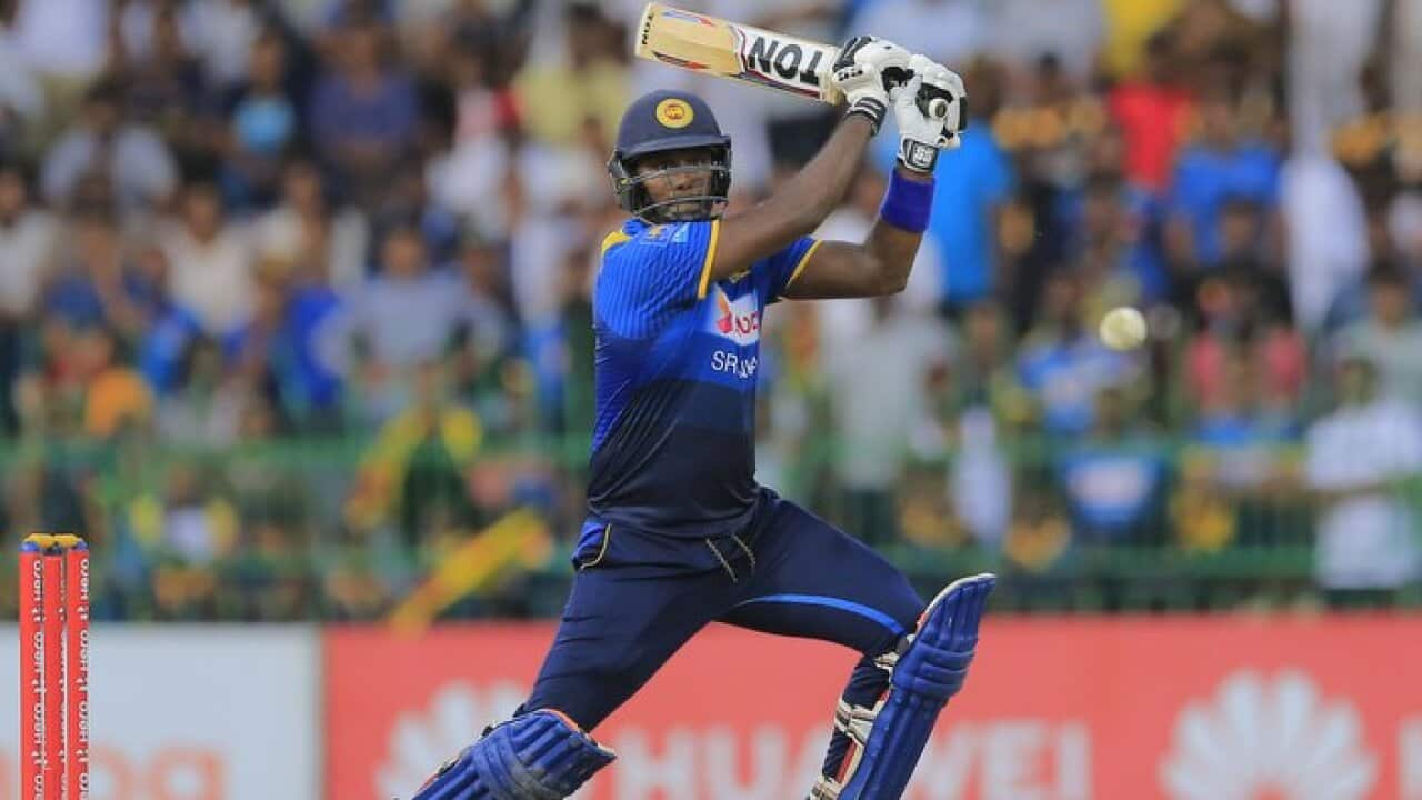 Sri Lanka's Angelo Mathews plays a shot against South Africa during their fifth one-day international cricket match with Sri Lanka in Colombo, Sri Lanka, Sunday, Aug. 12, 2018. (AP Photo/Eranga Jayawardena)