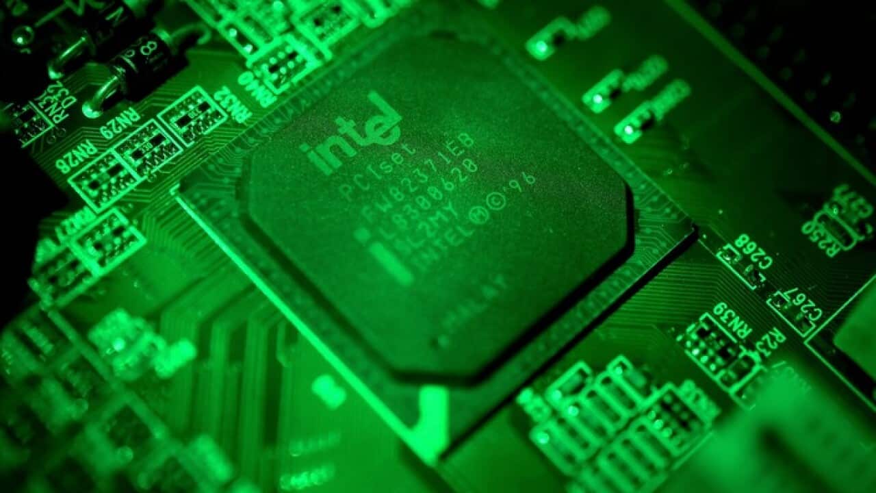 Intel computer circuit board displayed in Duesseldorf, Germany, 04 January 2018.