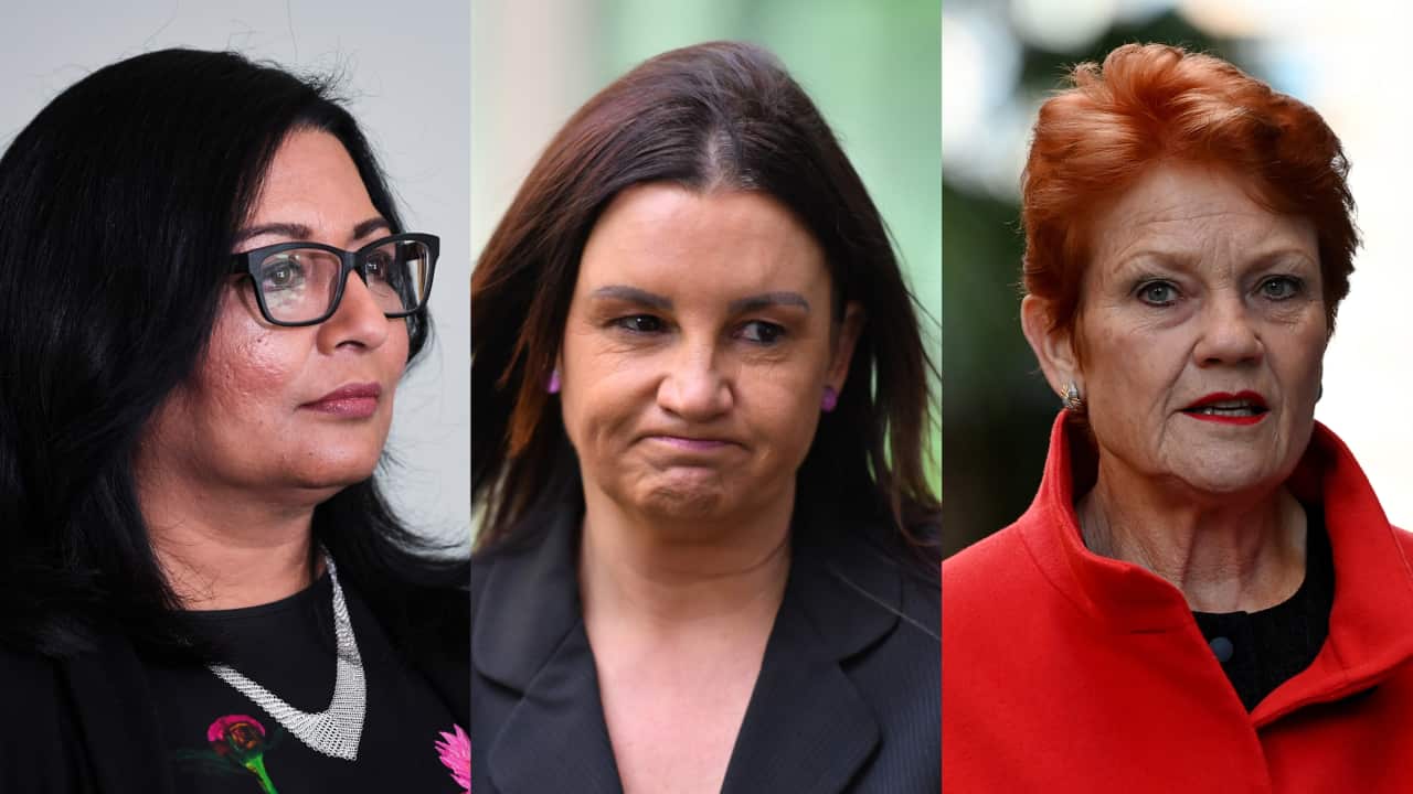 Three-split image of Mehreen Faruqi, Jacqui Lambie and Pauline Hanson