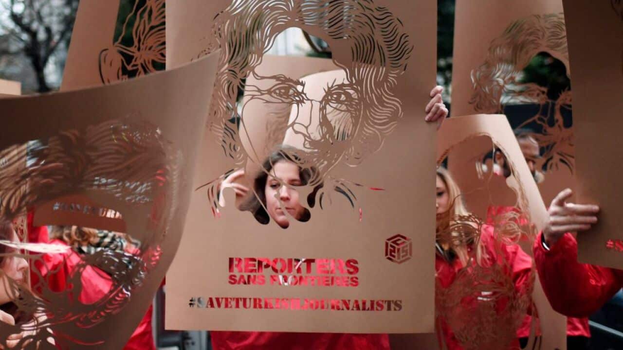 A Cameroonian journalist was put in a dog kennel, Reporters Without Borders say. Pictured is a file image of RFS members at a Paris protest in January 2018.