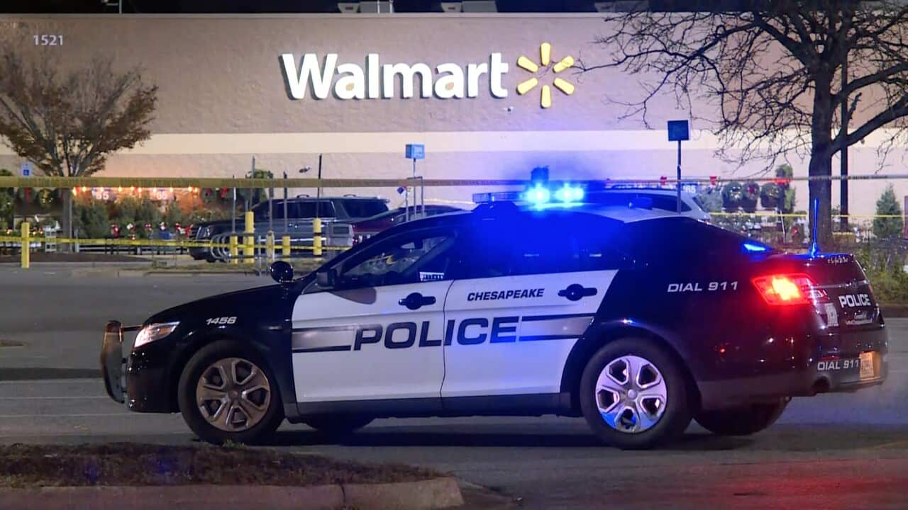 A police car outside the Virginia Walmart store where the shooting took place