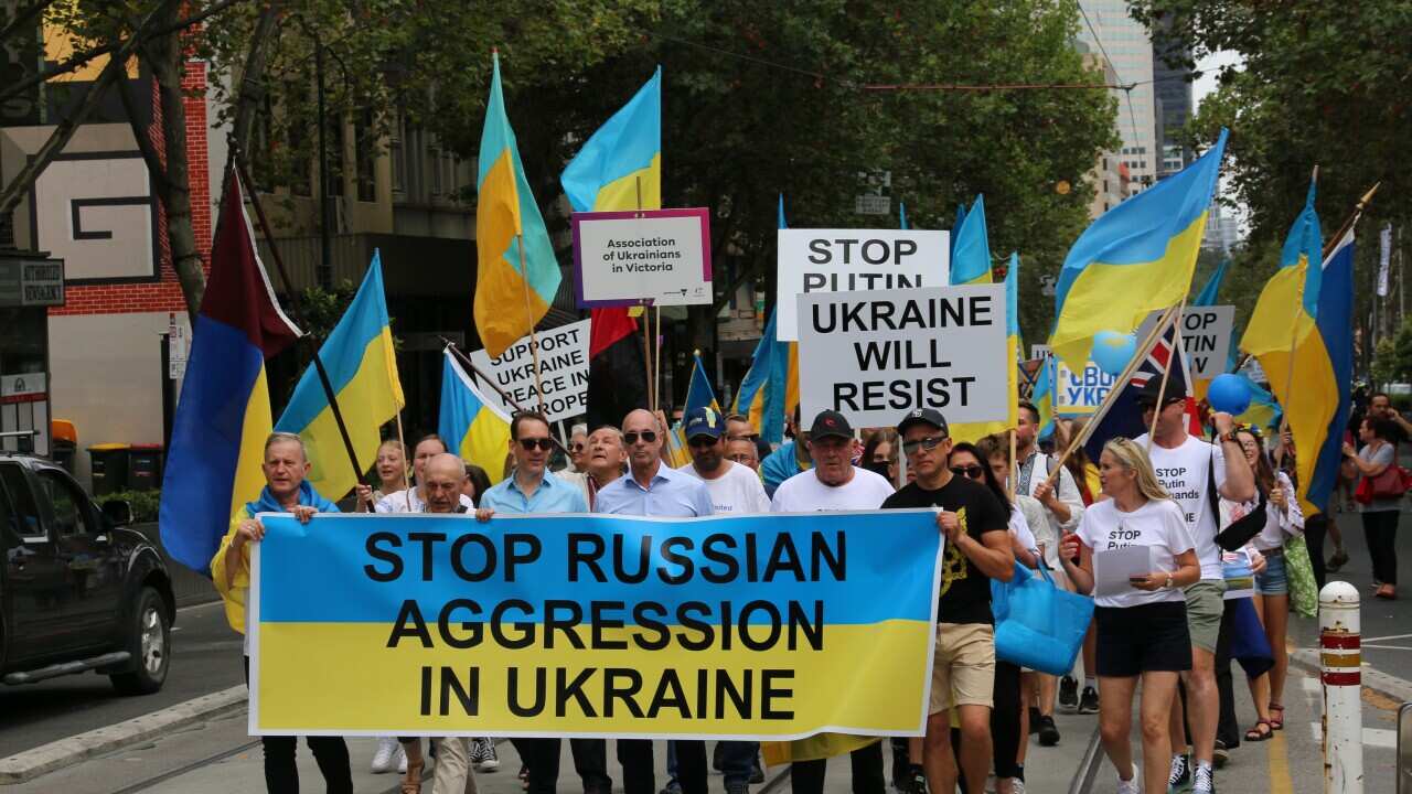 Anti-war protest in Melbourne against invasion of Ukraine, 27/02/2022.